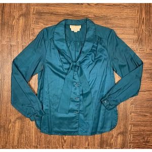 Vintage 60s 70s Top Bow Mod Blouse secretary Retro 100% Silk Women’s 9/10